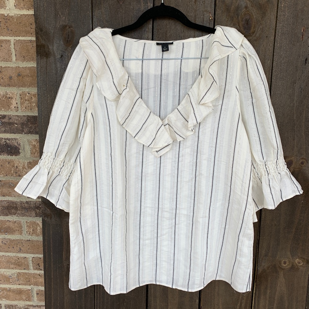Ann Taylor Cream Sparkle Stripe Frilled Blouse Med